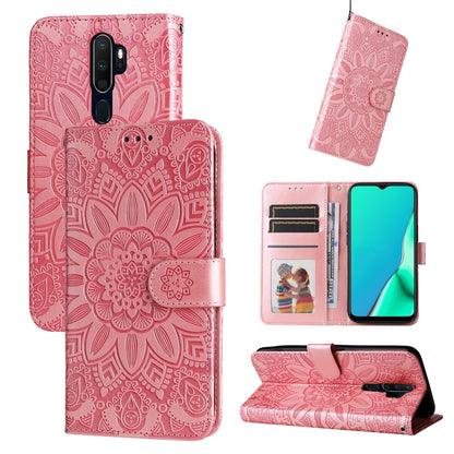 Embossed sunflower leather phone wallet case, pink, with card slots and kickstand