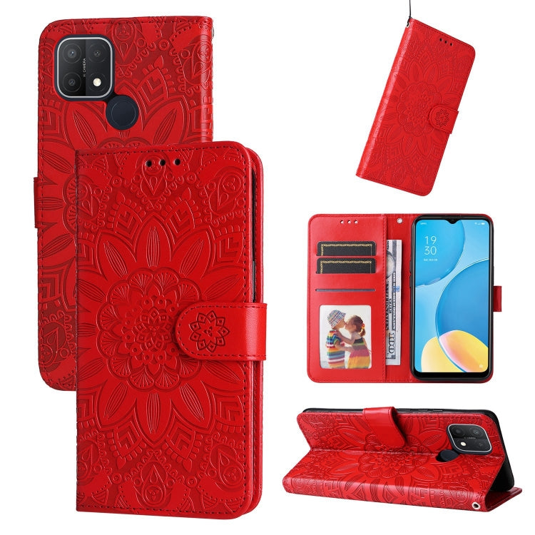 Embossed sunflower leather phone wallet case, dark red, with card slots and stand
