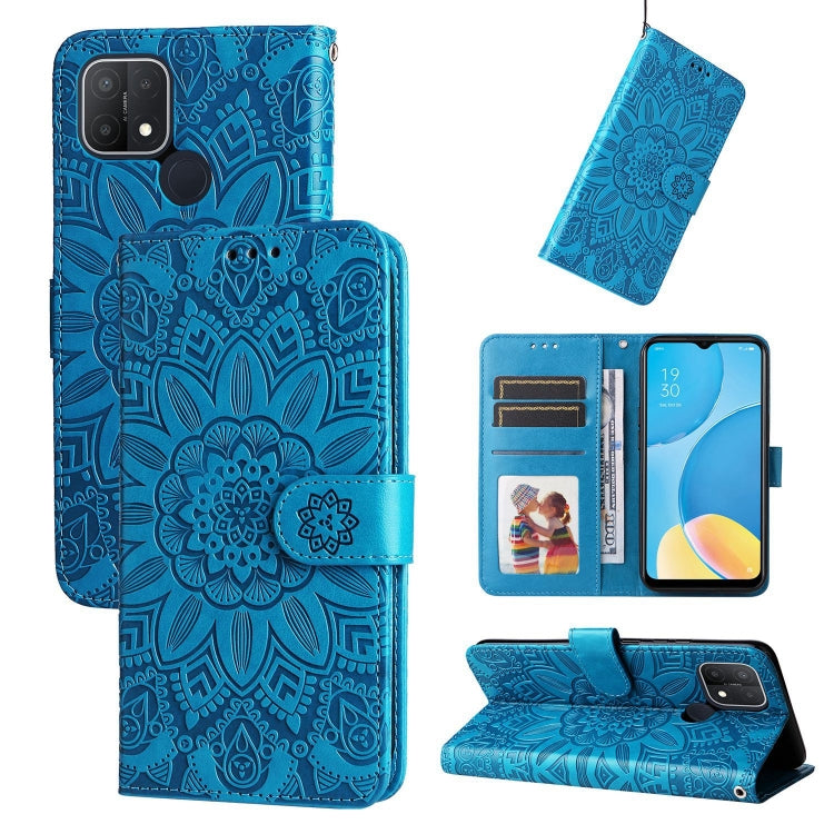 Embossed sunflower leather phone wallet case, blue, with card slots and kickstand