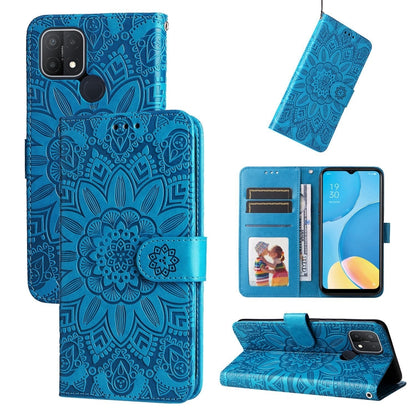 Embossed sunflower leather phone wallet case, blue, with card slots and kickstand