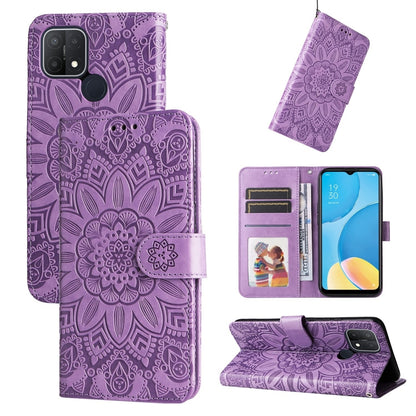 Embossed sunflower leather phone wallet case, purple, with card slots and stand