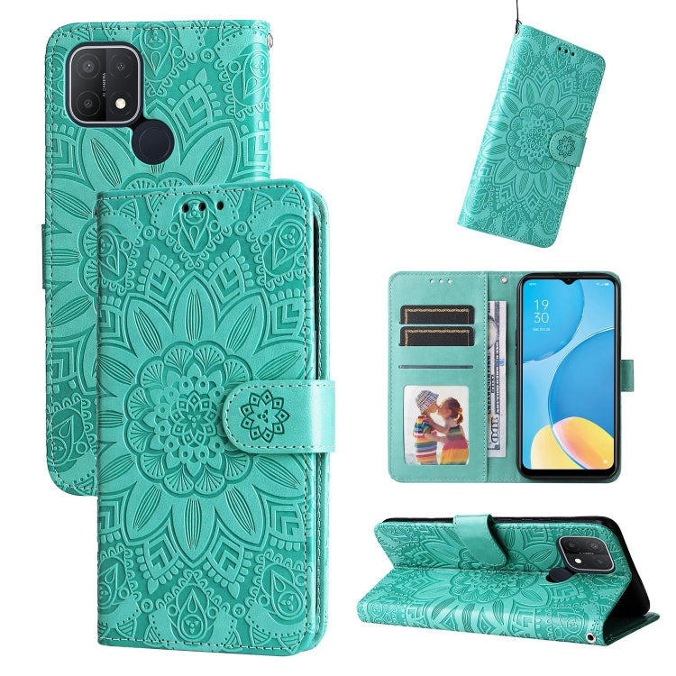 Embossed sunflower leather phone wallet case, teal green, with card slots and stand