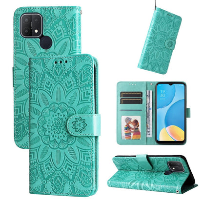 Embossed sunflower leather phone wallet case, teal green, with card slots and stand