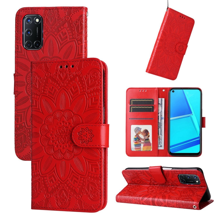 Red sunflower embossed leather phone wallet case with card slots and magnetic strap