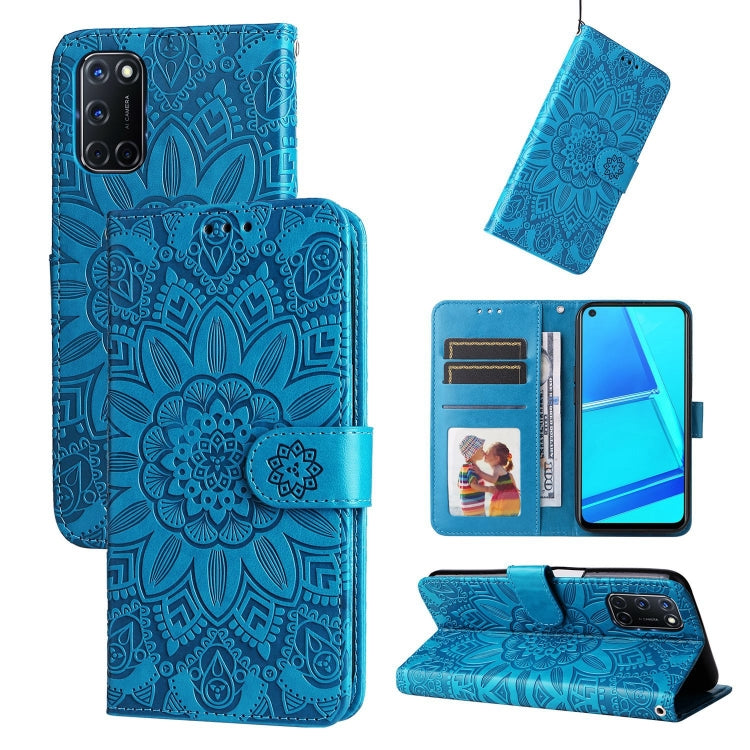 Blue sunflower embossed leather phone wallet case with card slots and magnetic strap