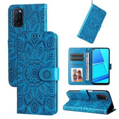 Blue sunflower embossed leather phone wallet case with card slots and magnetic strap