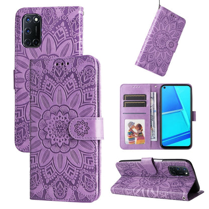Purple sunflower embossed leather phone wallet case with card slots and magnetic strap