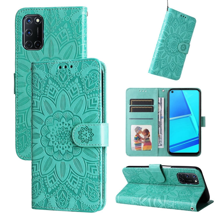 Teal sunflower embossed leather phone wallet case with card slots and magnetic strap