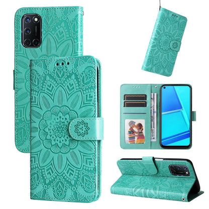 Teal sunflower embossed leather phone wallet case with card slots and magnetic strap
