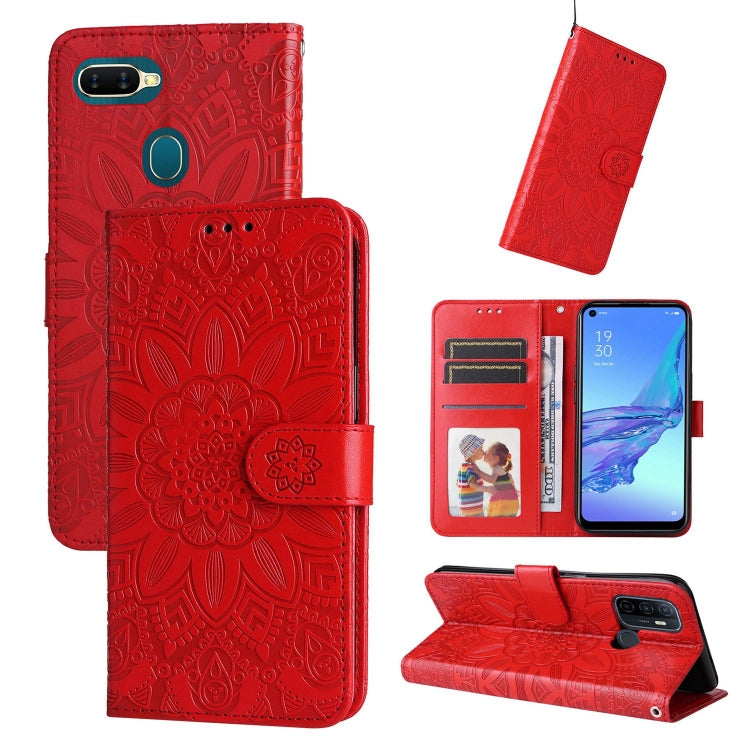 Red sunflower embossed leather folio phone case with card slots and kickstand