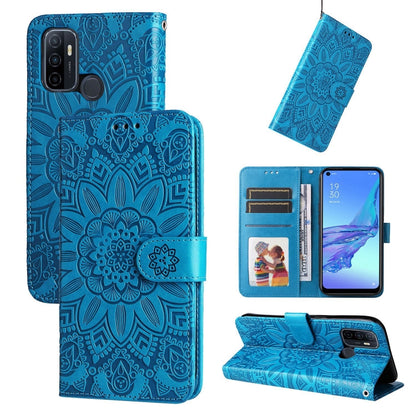 Blue sunflower embossed leather folio phone case with card slots and kickstand