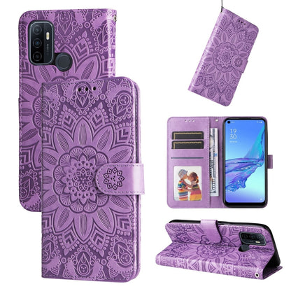 Purple sunflower embossed leather folio phone case with card slots and kickstand