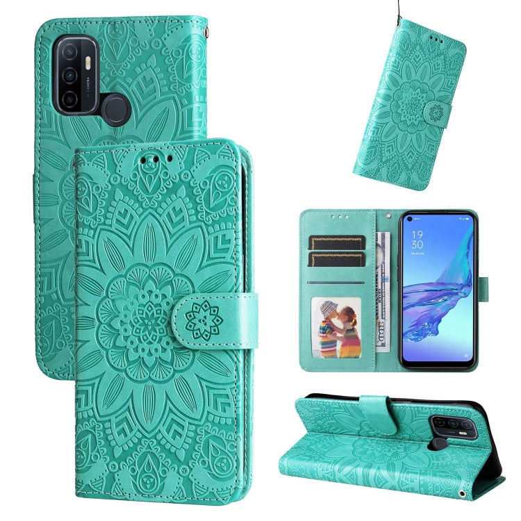 Teal sunflower embossed leather folio phone case with card slots and kickstand