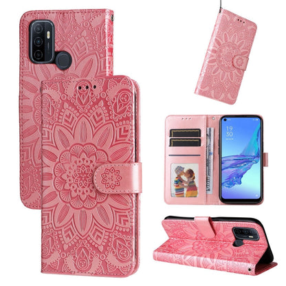 Rose pink embossed sunflower leather folio case with card slots and stand
