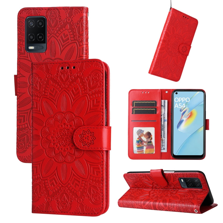 Red embossed sunflower leather folio case with card slots and stand