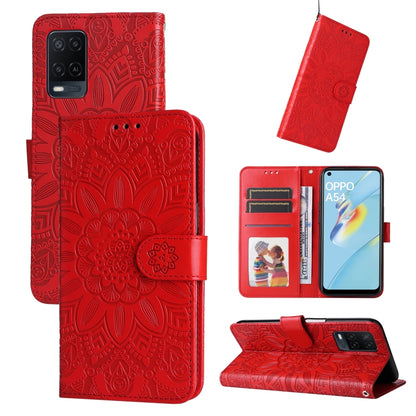 Red embossed sunflower leather folio case with card slots and stand
