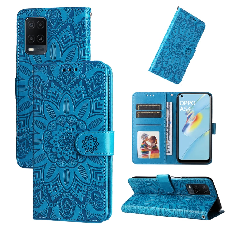 Blue embossed sunflower leather folio case with card slots and stand