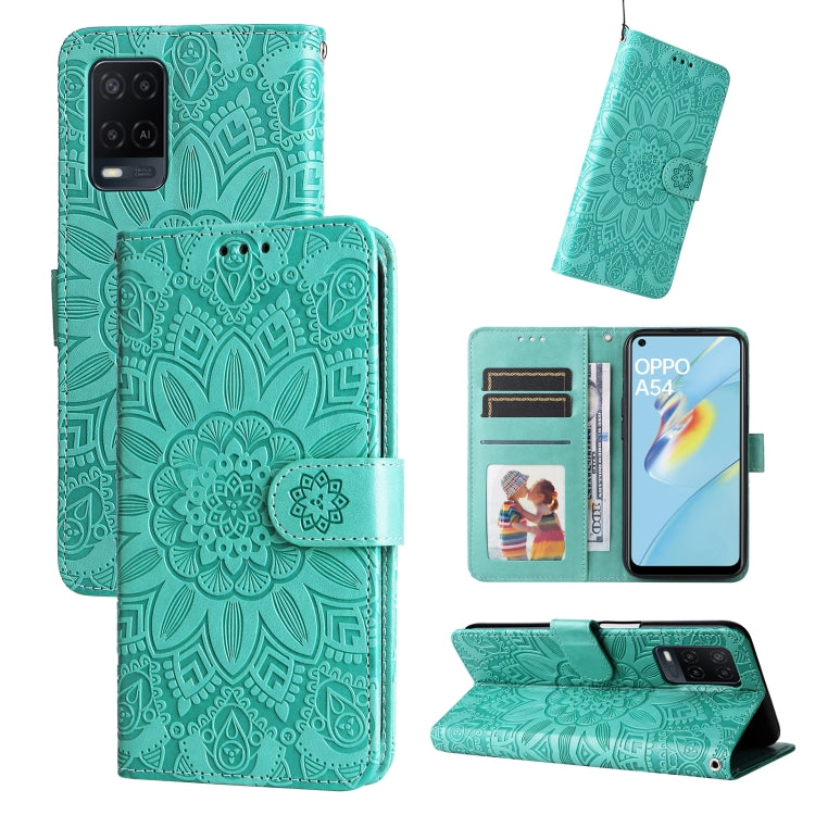 Green embossed sunflower leather folio case with card slots and stand