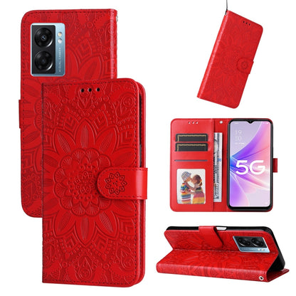 Red embossed sunflower leather folio case with magnetic flap and card slots