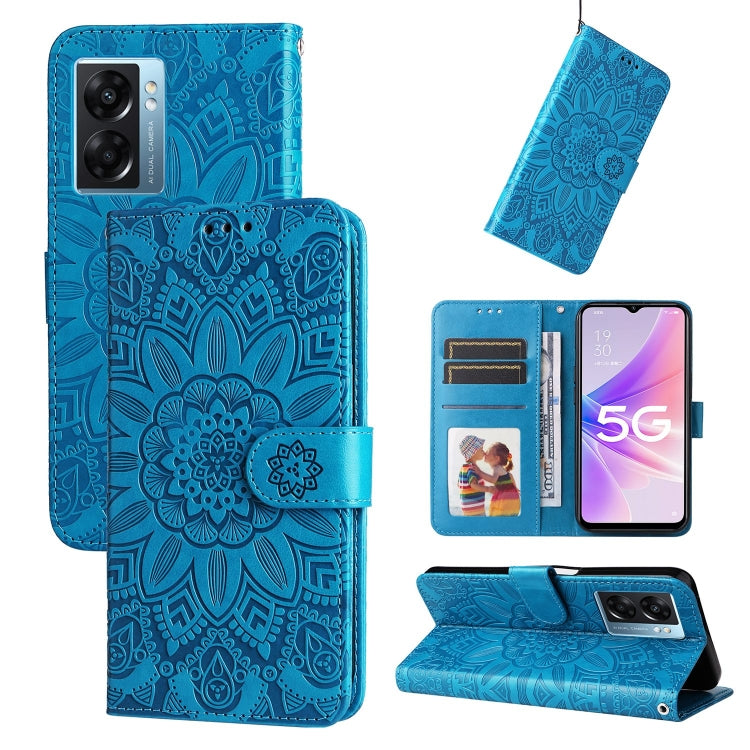 Blue embossed sunflower leather folio case with magnetic flap and card slots