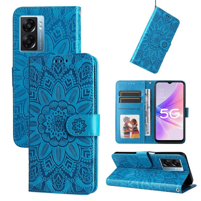 Blue embossed sunflower leather folio case with magnetic flap and card slots