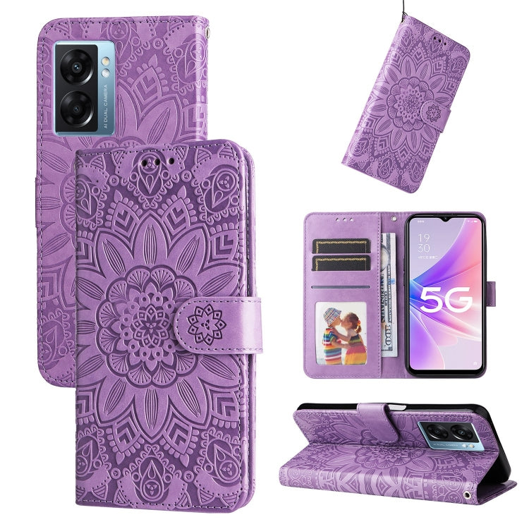 Purple embossed sunflower leather folio case with magnetic flap and card slots
