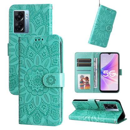 Green embossed sunflower leather folio case with magnetic flap and card slots