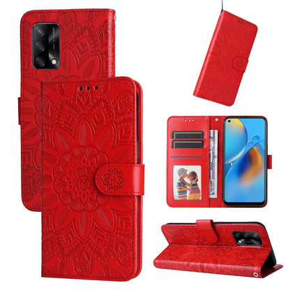 Red sunflower embossed leather wallet phone case with card slots