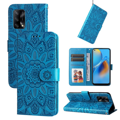 Blue sunflower embossed leather wallet phone case with card slots