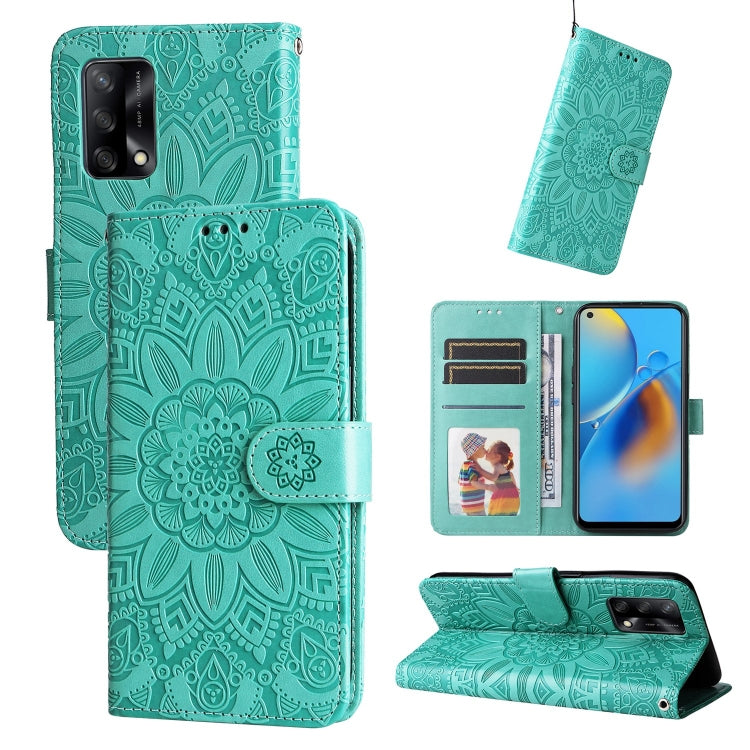 Green sunflower embossed leather wallet phone case with card slots