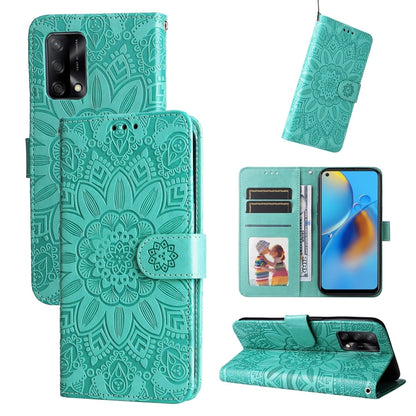 Green sunflower embossed leather wallet phone case with card slots