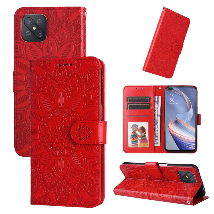 Red sunflower embossed leather wallet phone case with card slots and flap