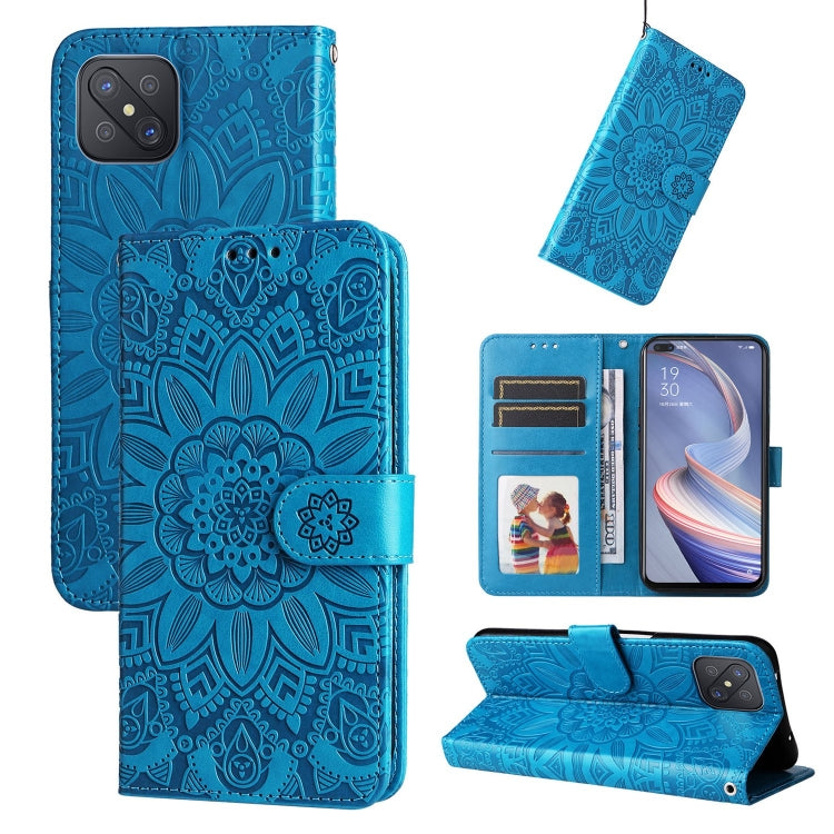 Blue sunflower embossed leather wallet phone case with card slots and flap