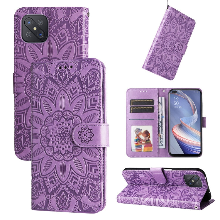 Purple sunflower embossed leather wallet phone case with card slots and flap