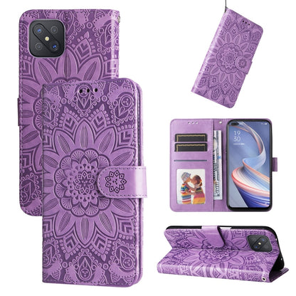 Purple sunflower embossed leather wallet phone case with card slots and flap