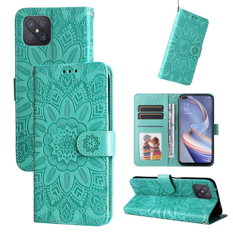 Green sunflower embossed leather wallet phone case with card slots and flap