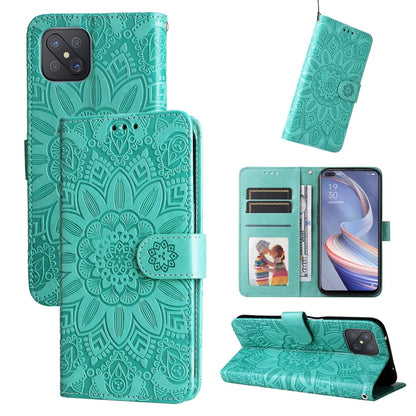 Green sunflower embossed leather wallet phone case with card slots and flap