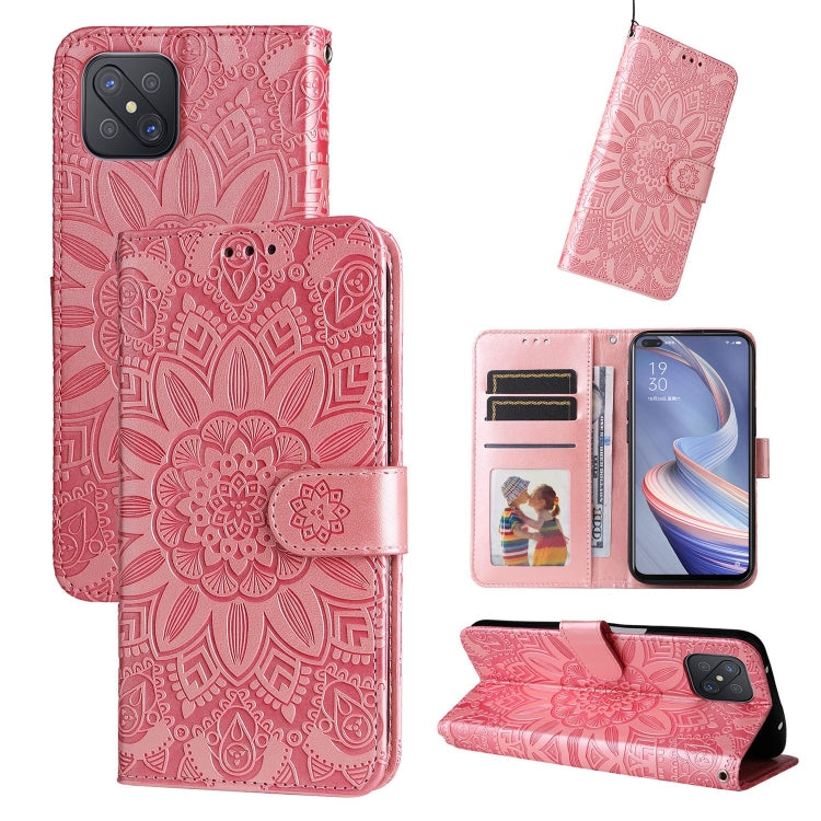 Pink embossed sunflower leather-style folio phone case with card slots and stand