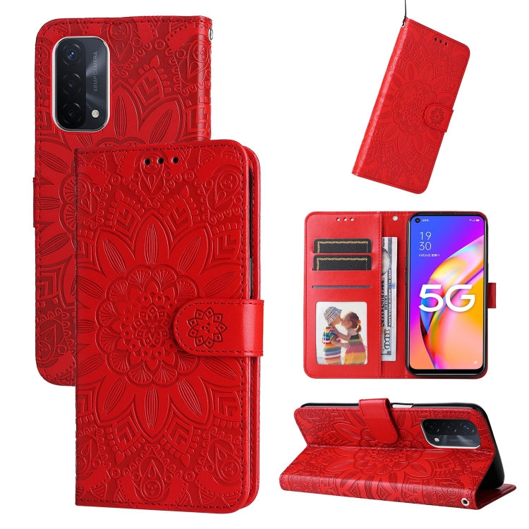 Red embossed sunflower leather-style folio phone case with card slots and kickstand