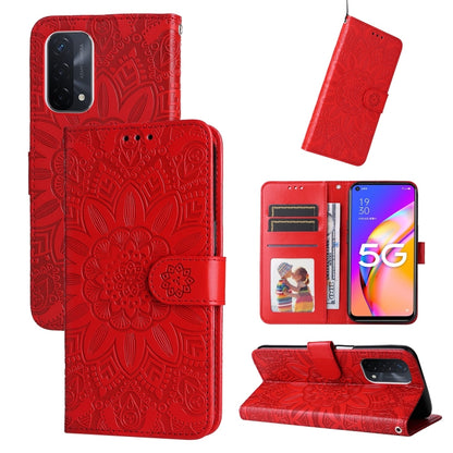 Red embossed sunflower leather-style folio phone case with card slots and kickstand