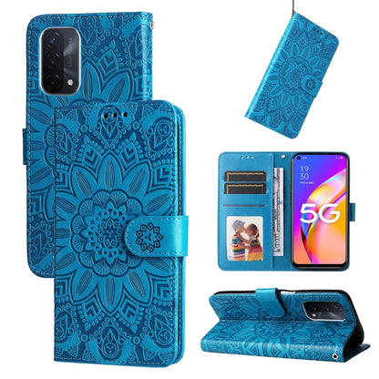 Blue embossed sunflower leather-style folio phone case with card slots and stand