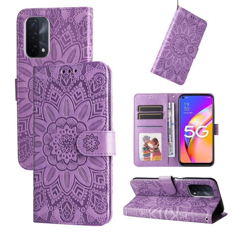 Purple embossed sunflower leather-style folio phone case with card slots and stand