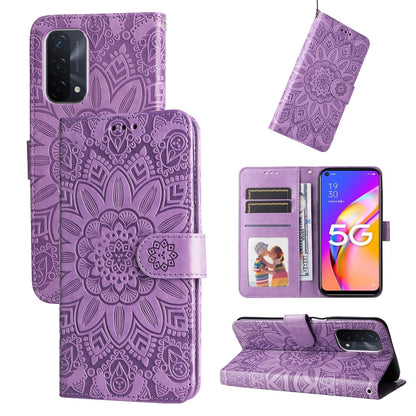 Purple embossed sunflower leather-style folio phone case with card slots and stand