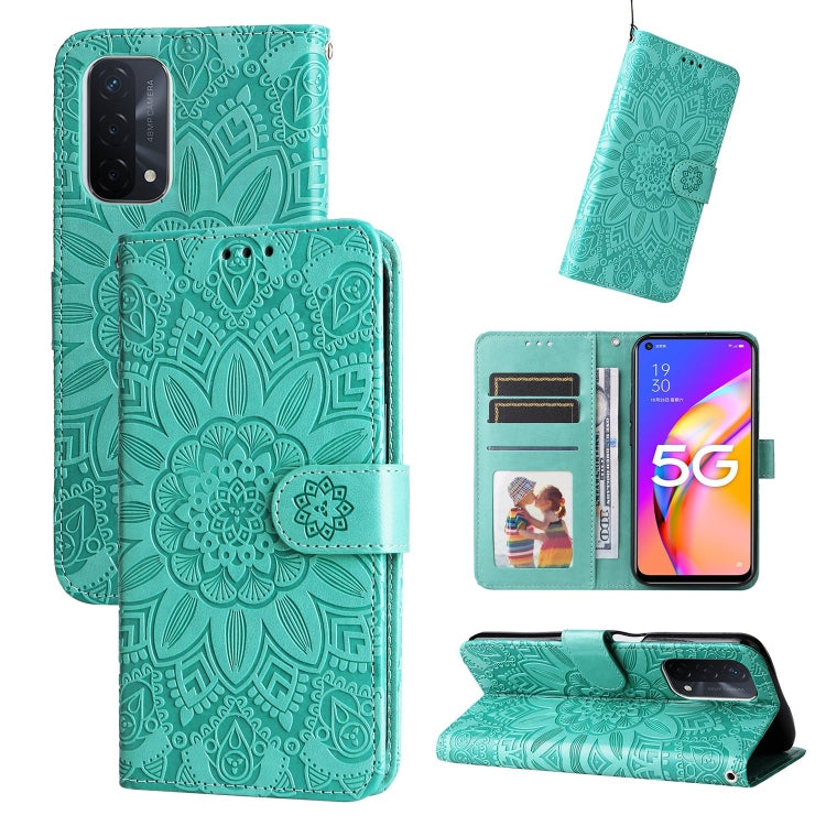 Teal embossed sunflower leather-style folio phone case with card slots and stand