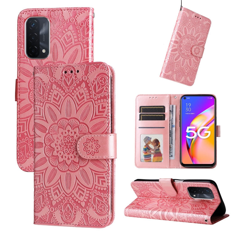 Pink embossed sunflower leather-style wallet phone case with card slots and kickstand