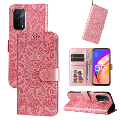 Pink embossed sunflower leather-style wallet phone case with card slots and kickstand