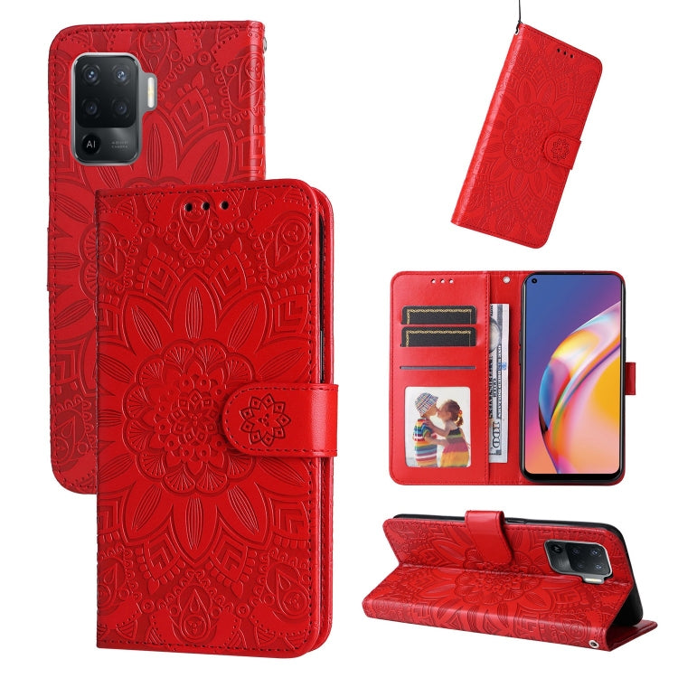 Red embossed sunflower leather-style wallet phone case with card slots and stand