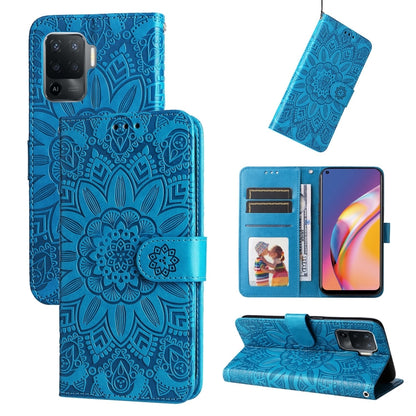 Blue embossed sunflower leather-style wallet phone case with card slots and kickstand