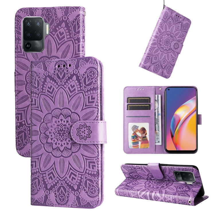 Purple embossed sunflower leather-style wallet phone case with card slots and stand
