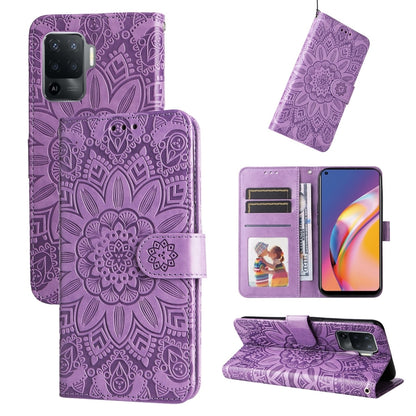 Purple embossed sunflower leather-style wallet phone case with card slots and stand